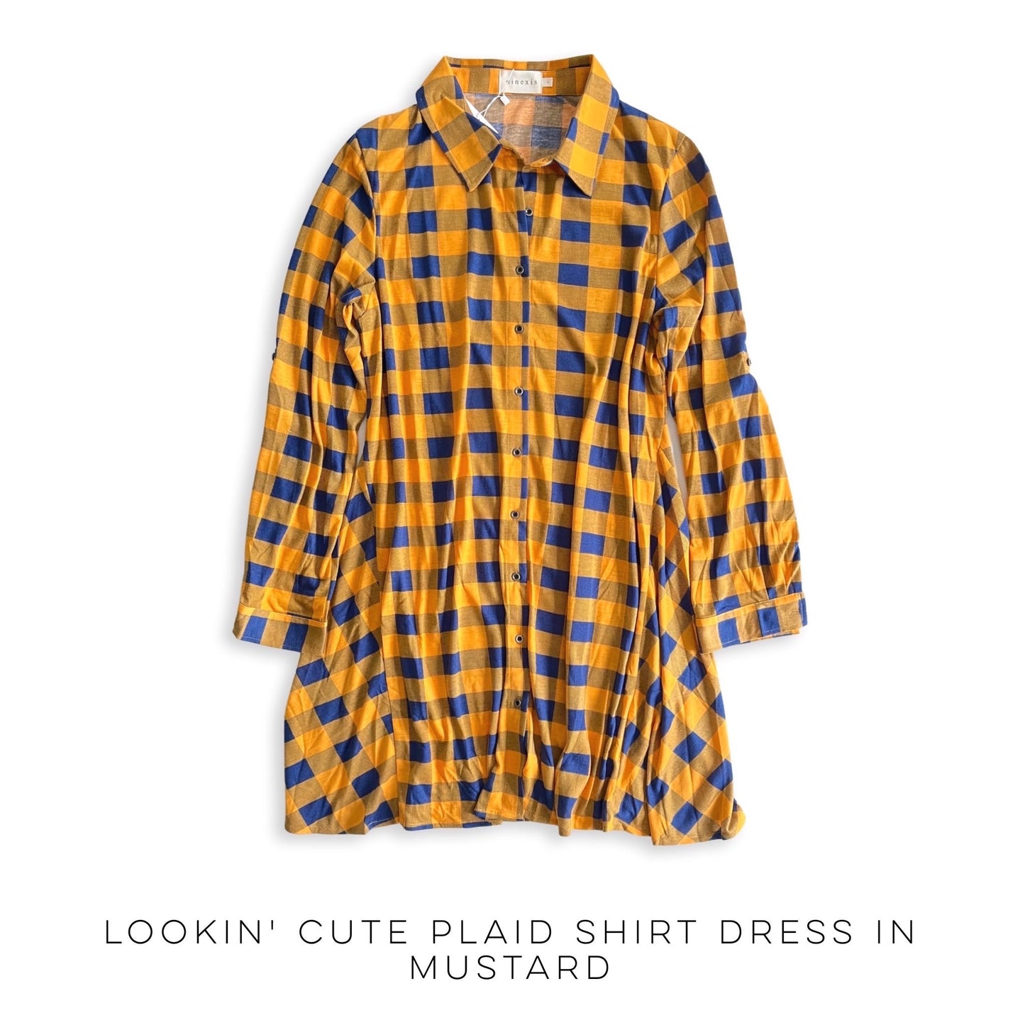 Lookin' Cute Plaid Shirt Dress in Mustard