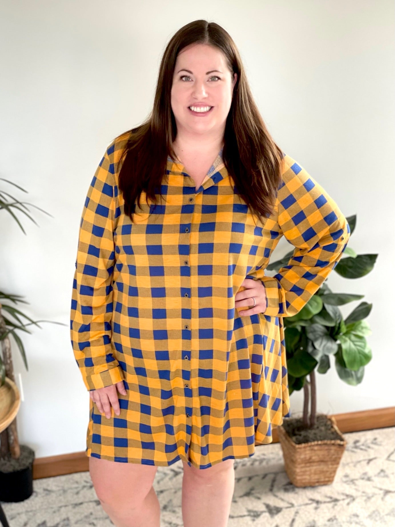 Lookin' Cute Plaid Shirt Dress in Mustard