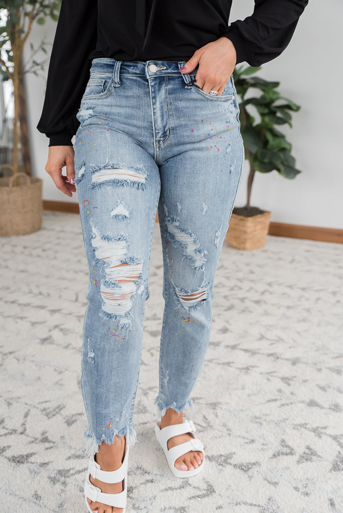 Rainbow Skies Paint Splatter Judy Blue Boyfriend Jeans