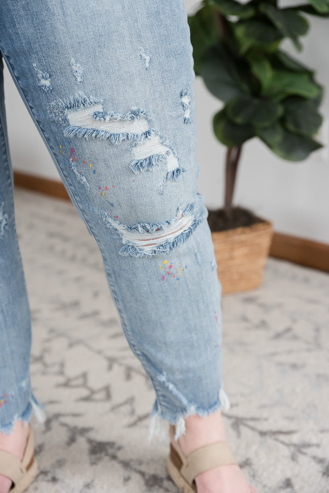 Rainbow Skies Paint Splatter Judy Blue Boyfriend Jeans