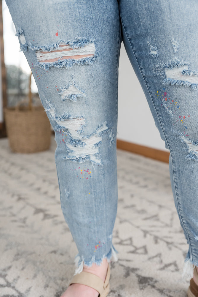 Rainbow Skies Paint Splatter Judy Blue Boyfriend Jeans