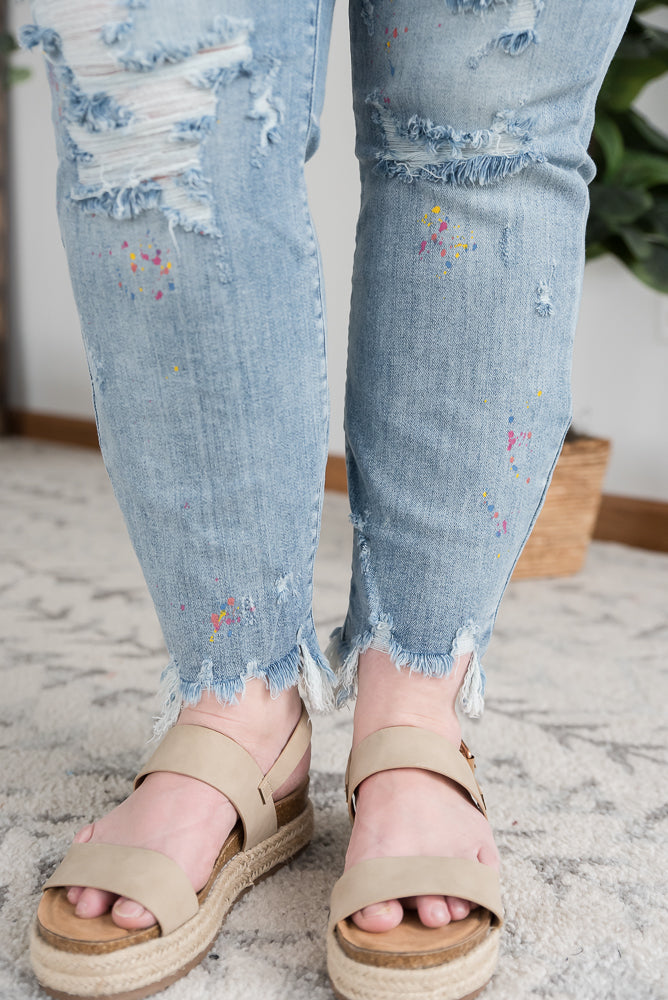 Rainbow Skies Paint Splatter Judy Blue Boyfriend Jeans