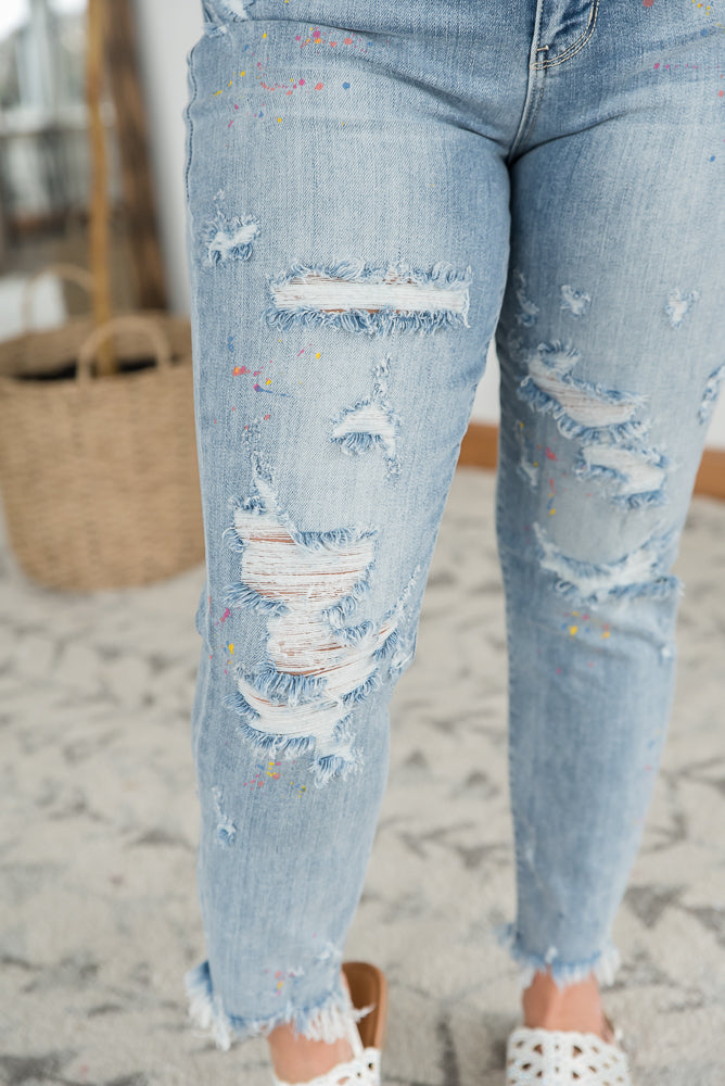 Rainbow Skies Paint Splatter Judy Blue Boyfriend Jeans