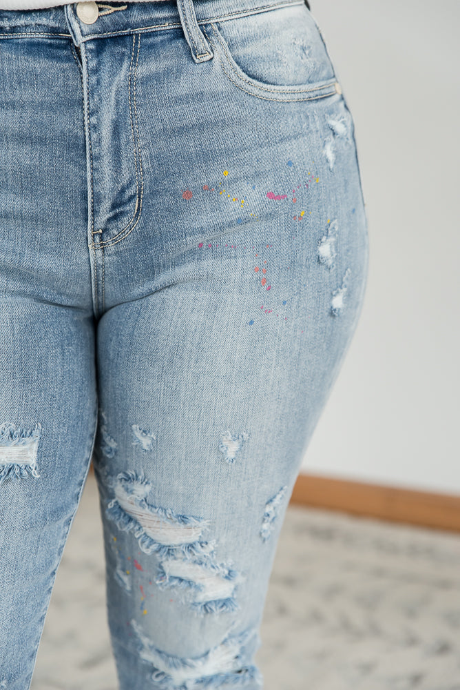 Rainbow Skies Paint Splatter Judy Blue Boyfriend Jeans