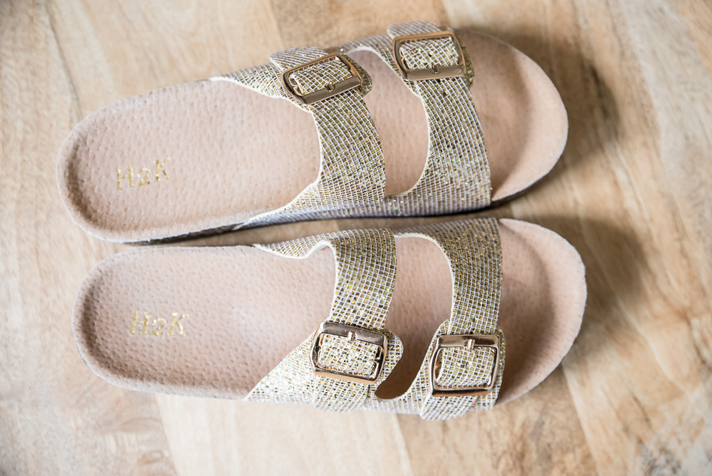 On a Voyage Sandals in Gold Glitter
