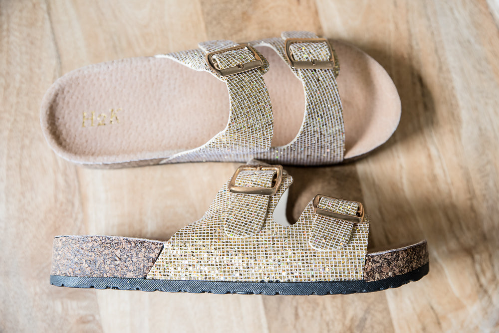 On a Voyage Sandals in Gold Glitter
