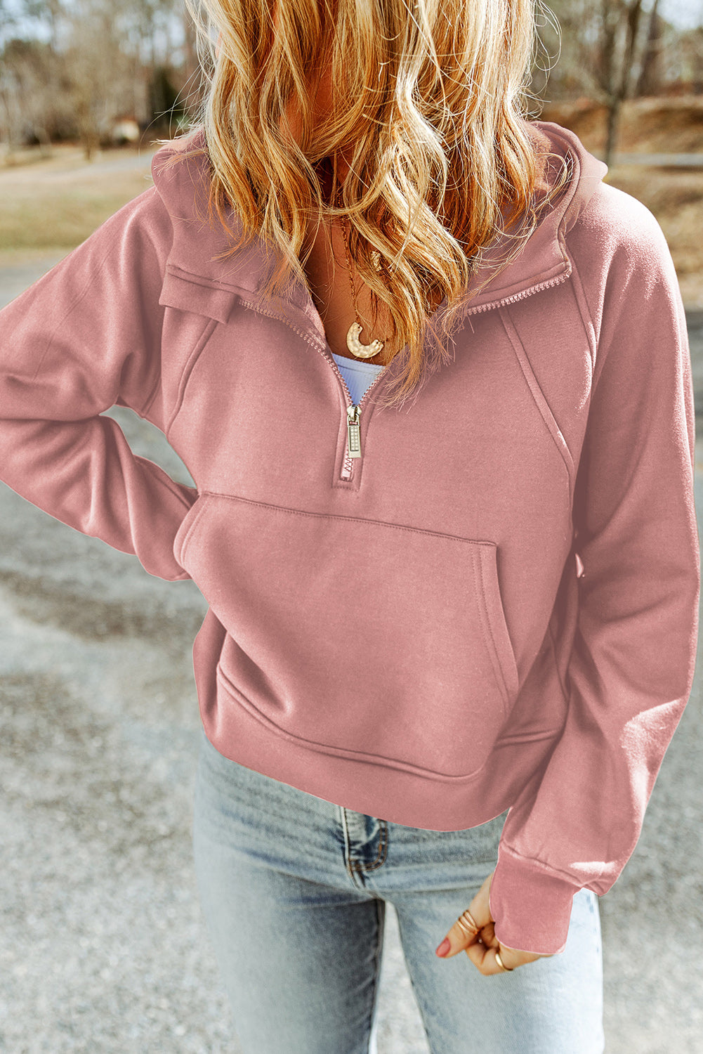 Pink Quarter Zip Kangaroo Pocket Hoodie