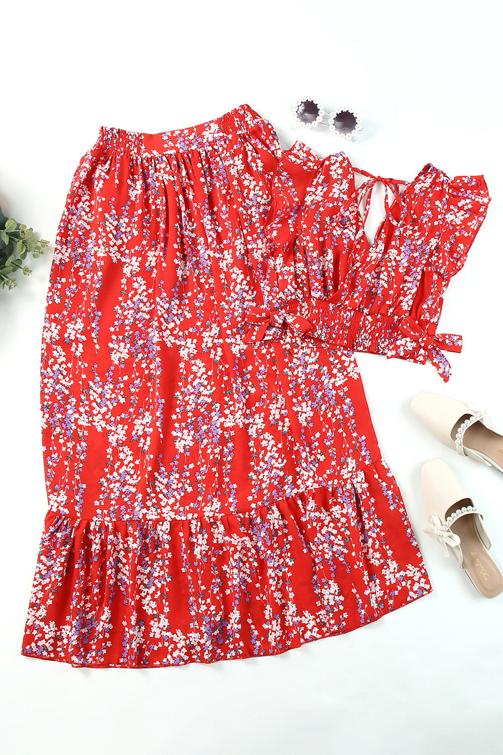 Red Multicolor Floral Ruffled Crop Top and Maxi Skirt Set