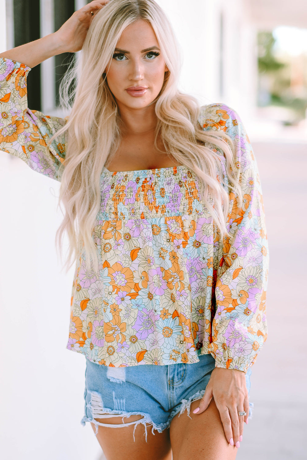 Multicolor Floral Square Neck Puff Sleeve Babydoll Blouse