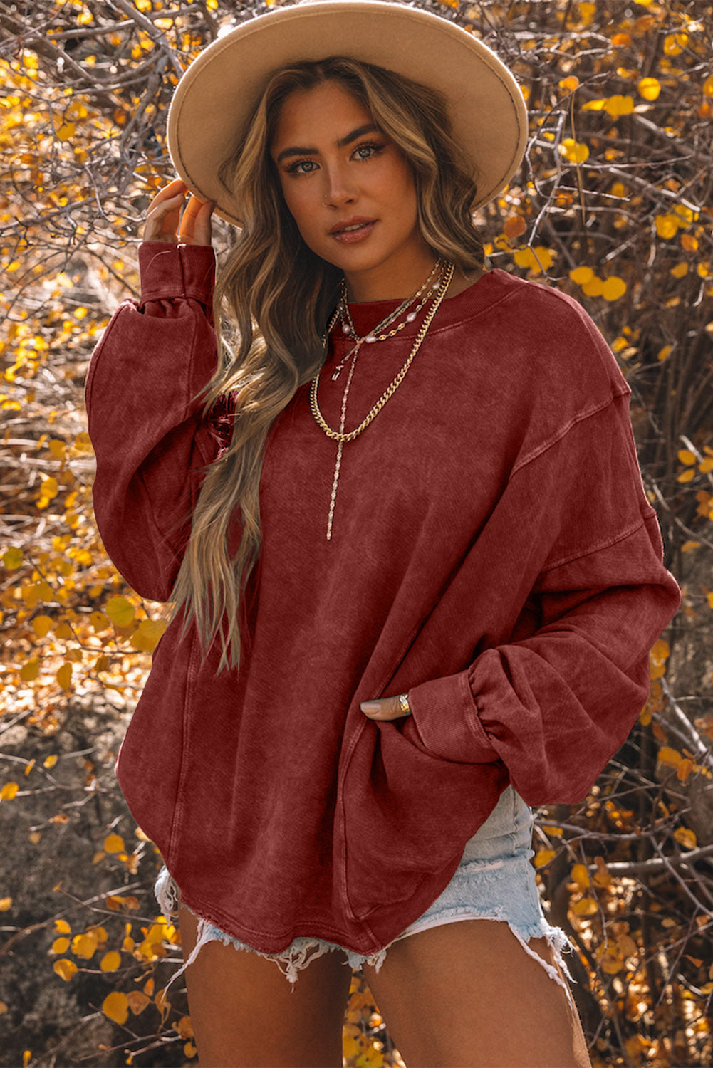 Red Exposed Seam Twist Open Back Oversized Sweatshirt