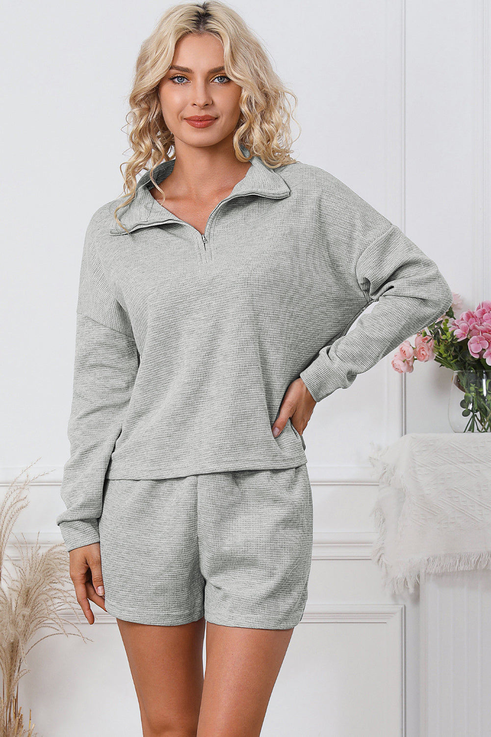 Gray Ribbed Zipper Sweatshirt and High Waist Shorts Set