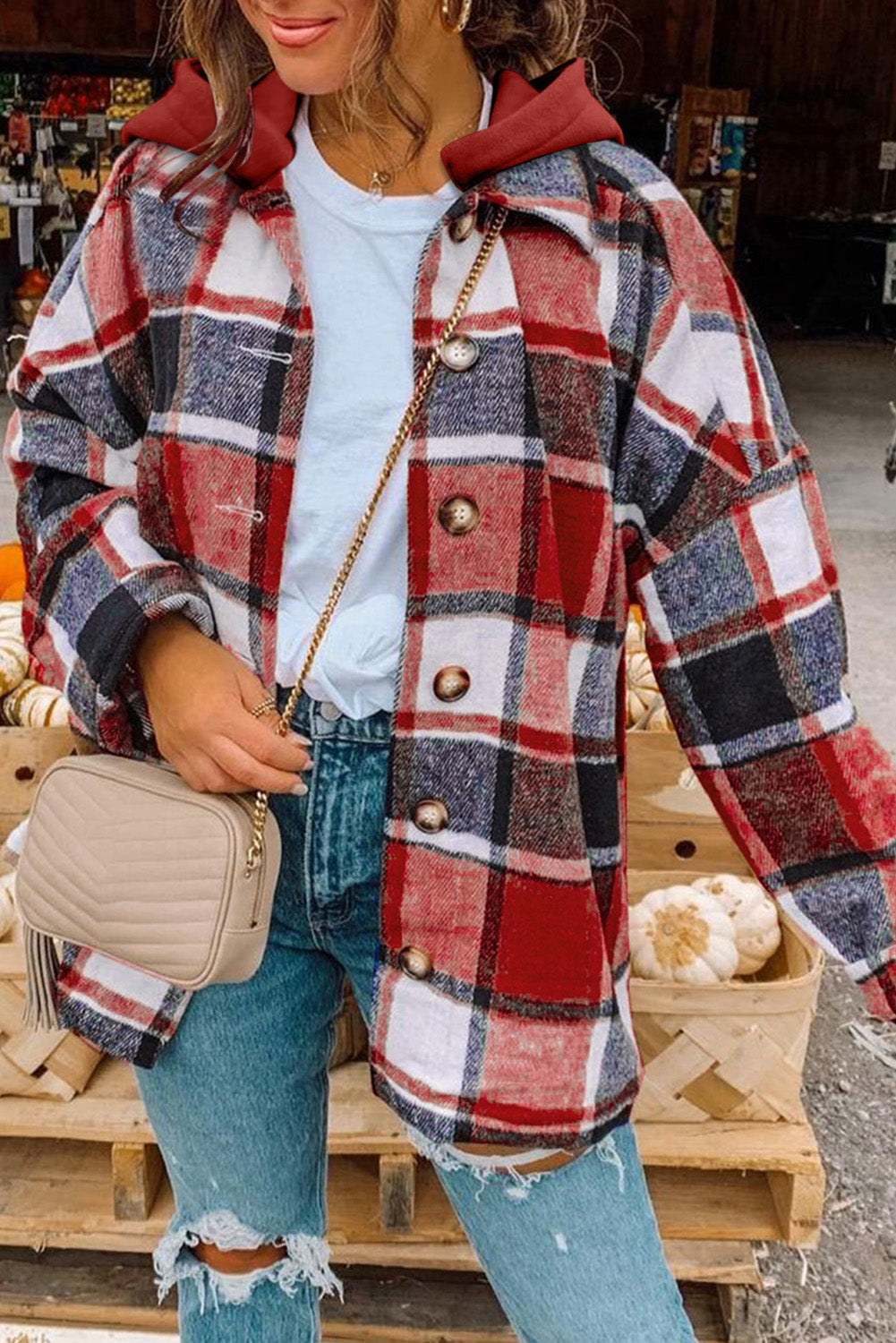 Red Hooded Plaid Button Front Shacket