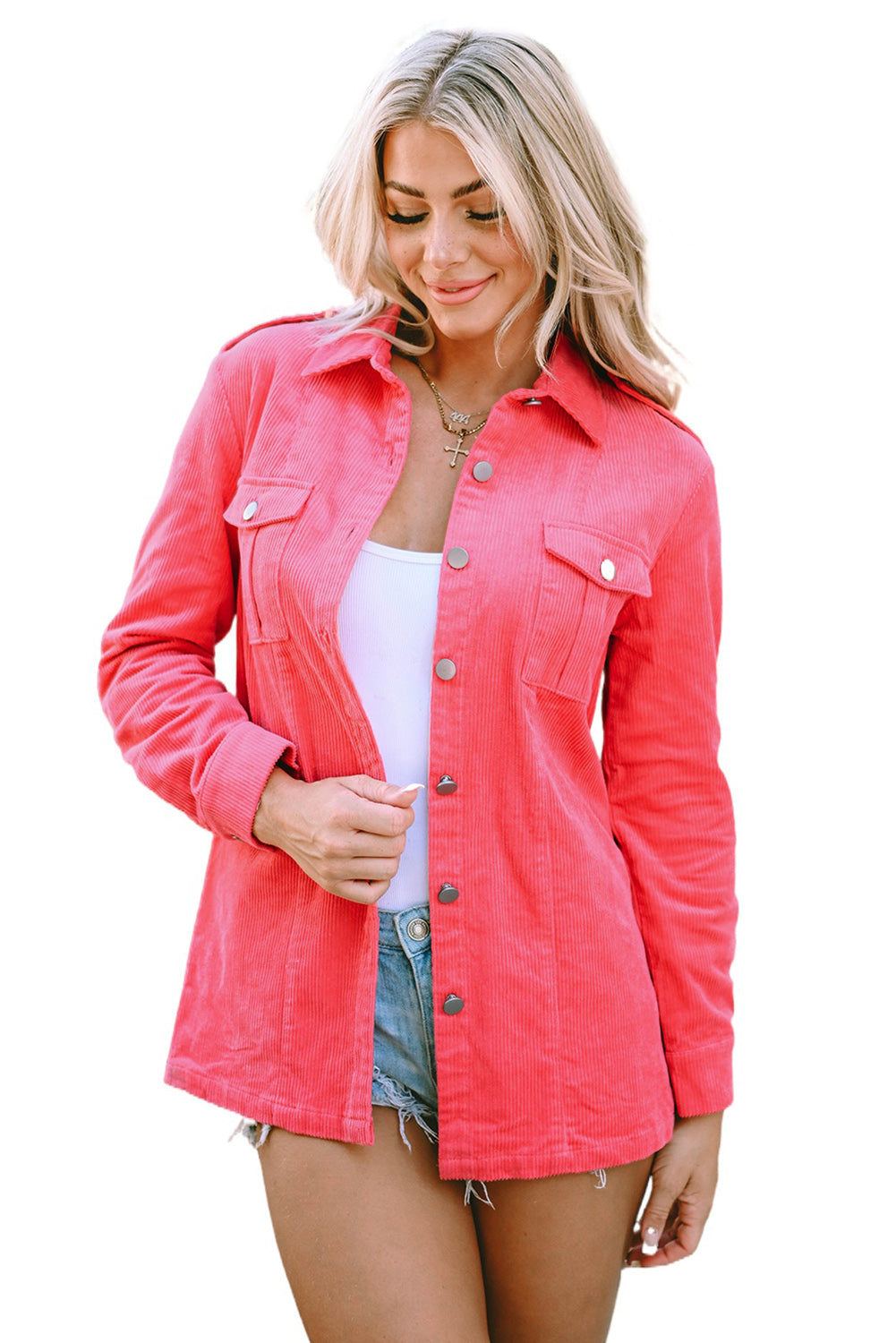 Pink Buttoned Flap Pocket Corduroy Jacket