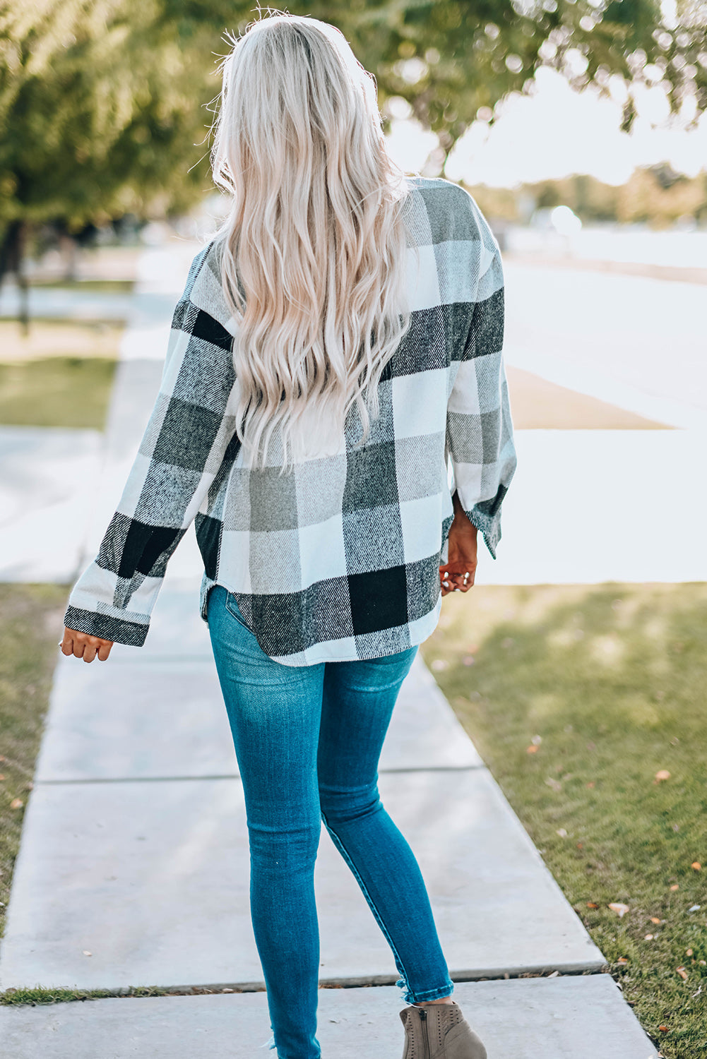 Gray Plaid Color Block Buttoned Long Sleeve Jacket with Pocket