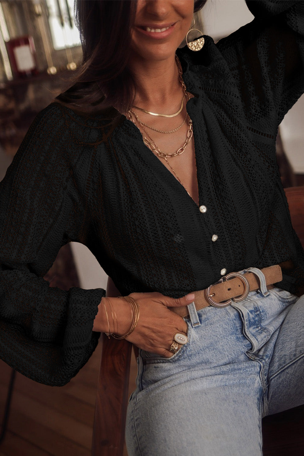 Black V-Neck Long Sleeve Button Up Lace Shirt