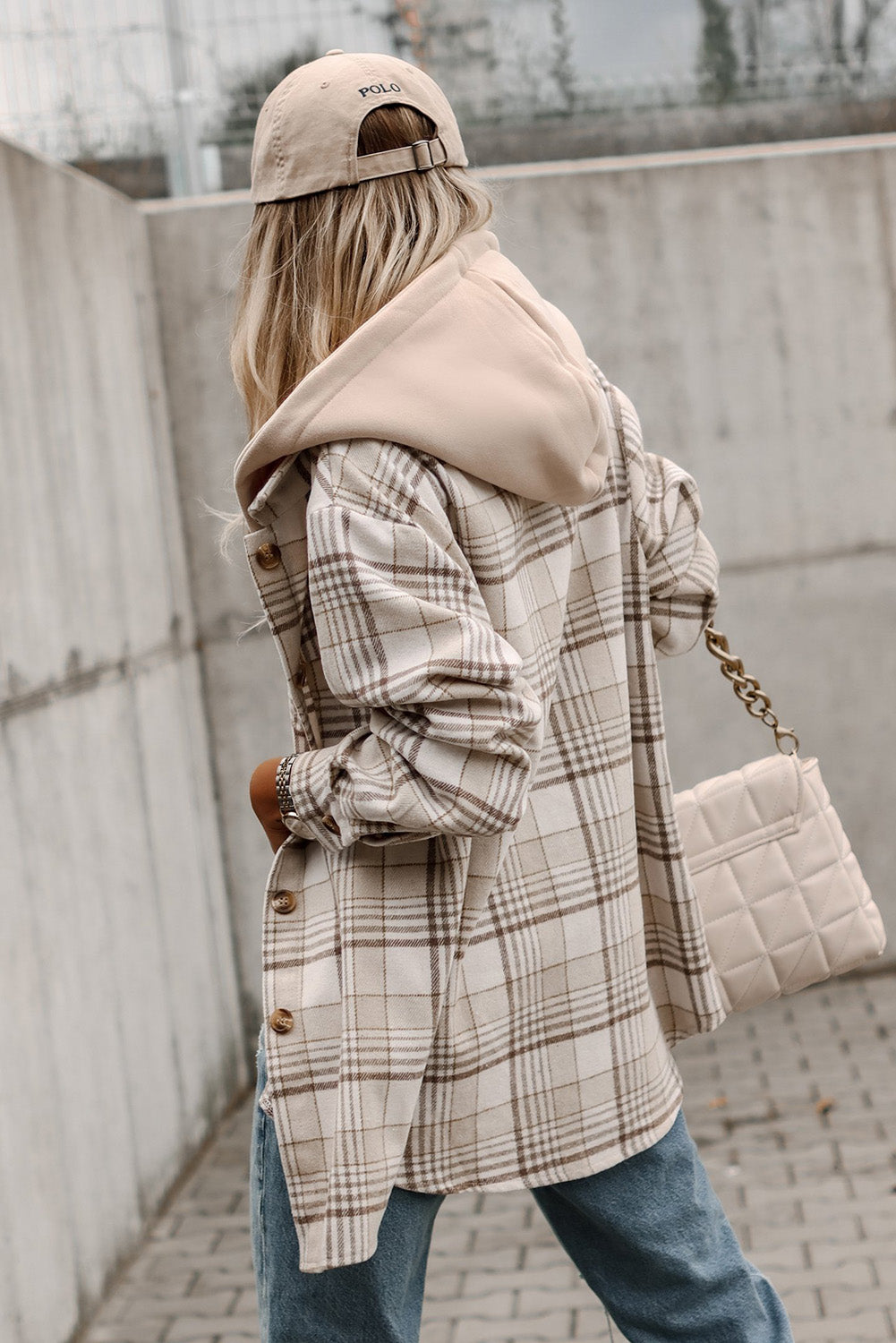 Khaki Plaid Removable Hood Buttoned Shacket