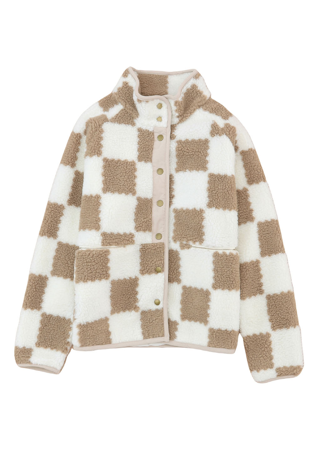 Brown Checked Snap Button Sherpa Jacket