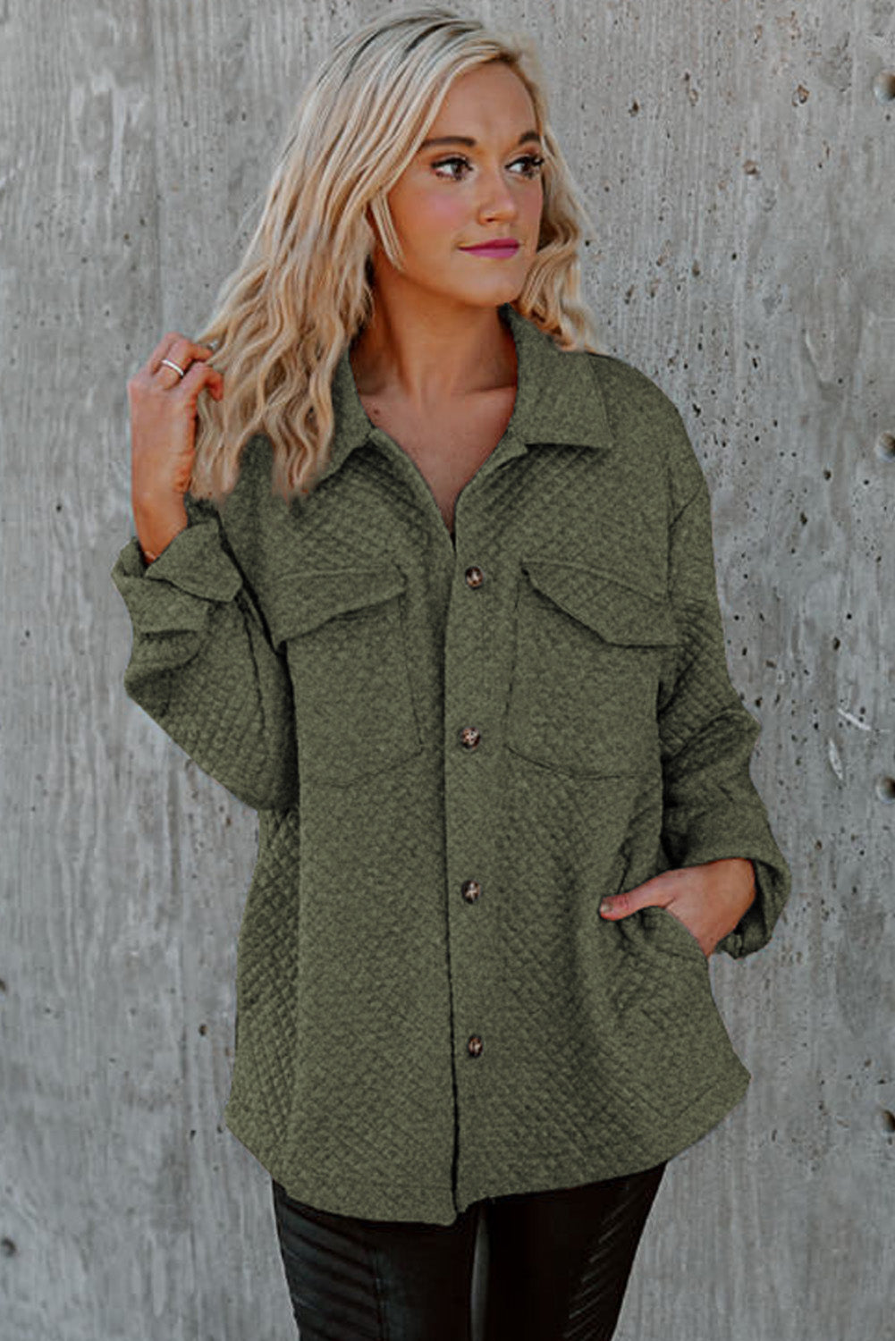 Green Retro Quilted Flap Pocket Button Shacket