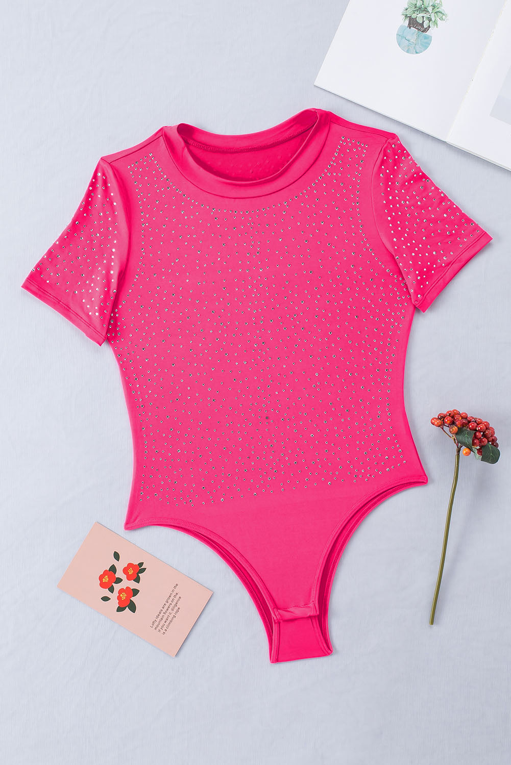 Rose Rhinestone Allover Round Neck Short Sleeve Bodysuit