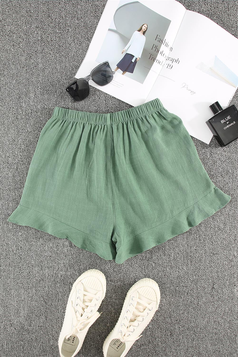 Green High Waist Pocketed Ruffle Shorts