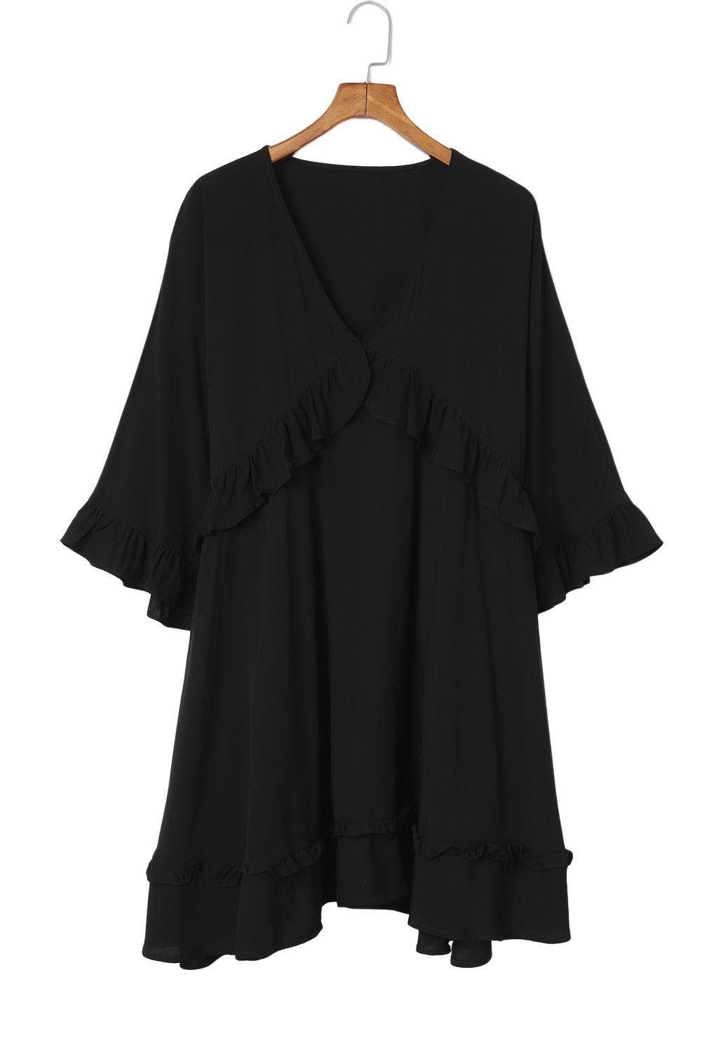 Black Ruffled 3/4 Sleeve V Neck Babydoll Mini Dress