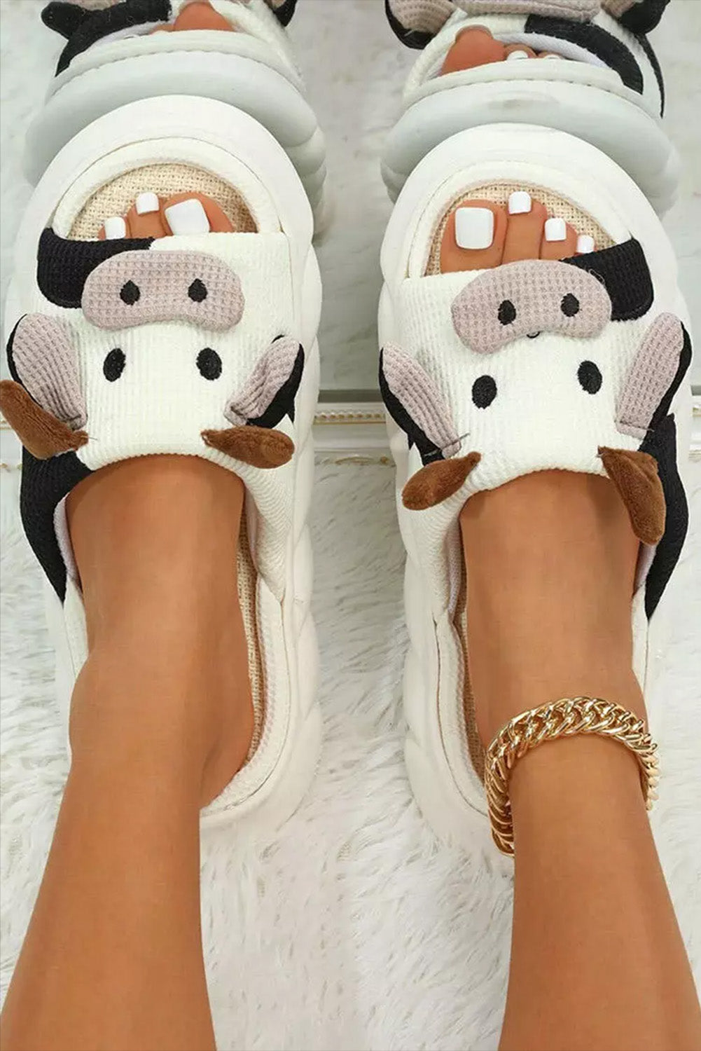 Bright White Cute Cow Pattern Open Toe Slippers