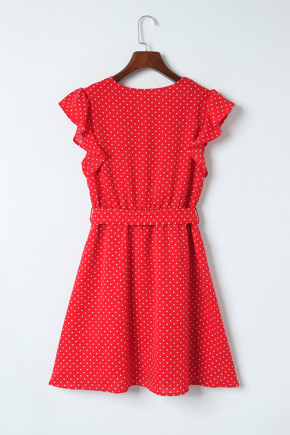 Red Polka Dot V Neck Ruffle Sleeve Dress