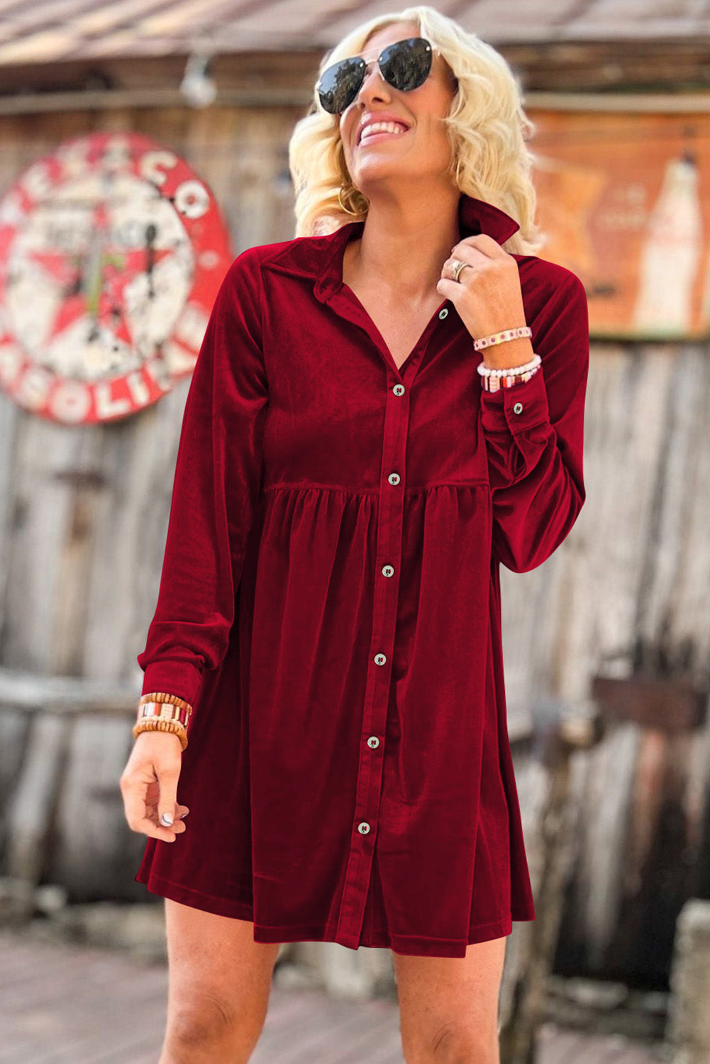 Red Long Sleeve Ruffle Velvet Button Up Dress