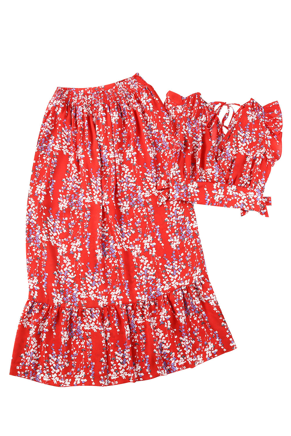 Red Multicolor Floral Ruffled Crop Top and Maxi Skirt Set