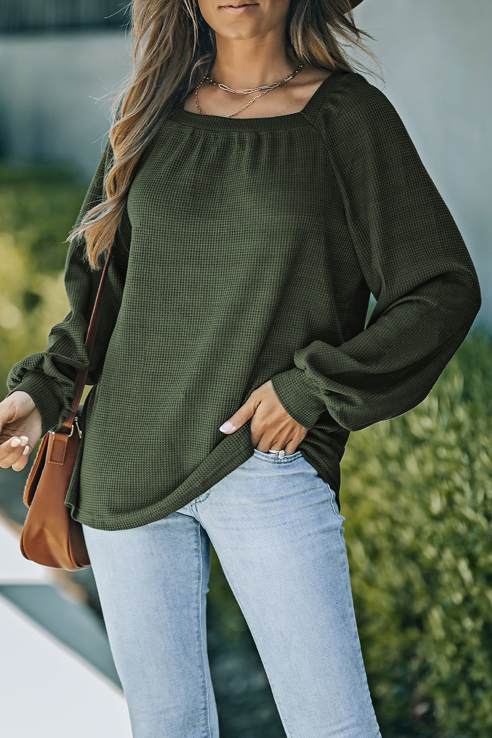 Green Scoop Neck Puff Sleeve Waffle Knit Top