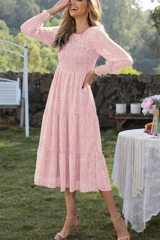 Round Neck Lantern Sleeve Midi Dress