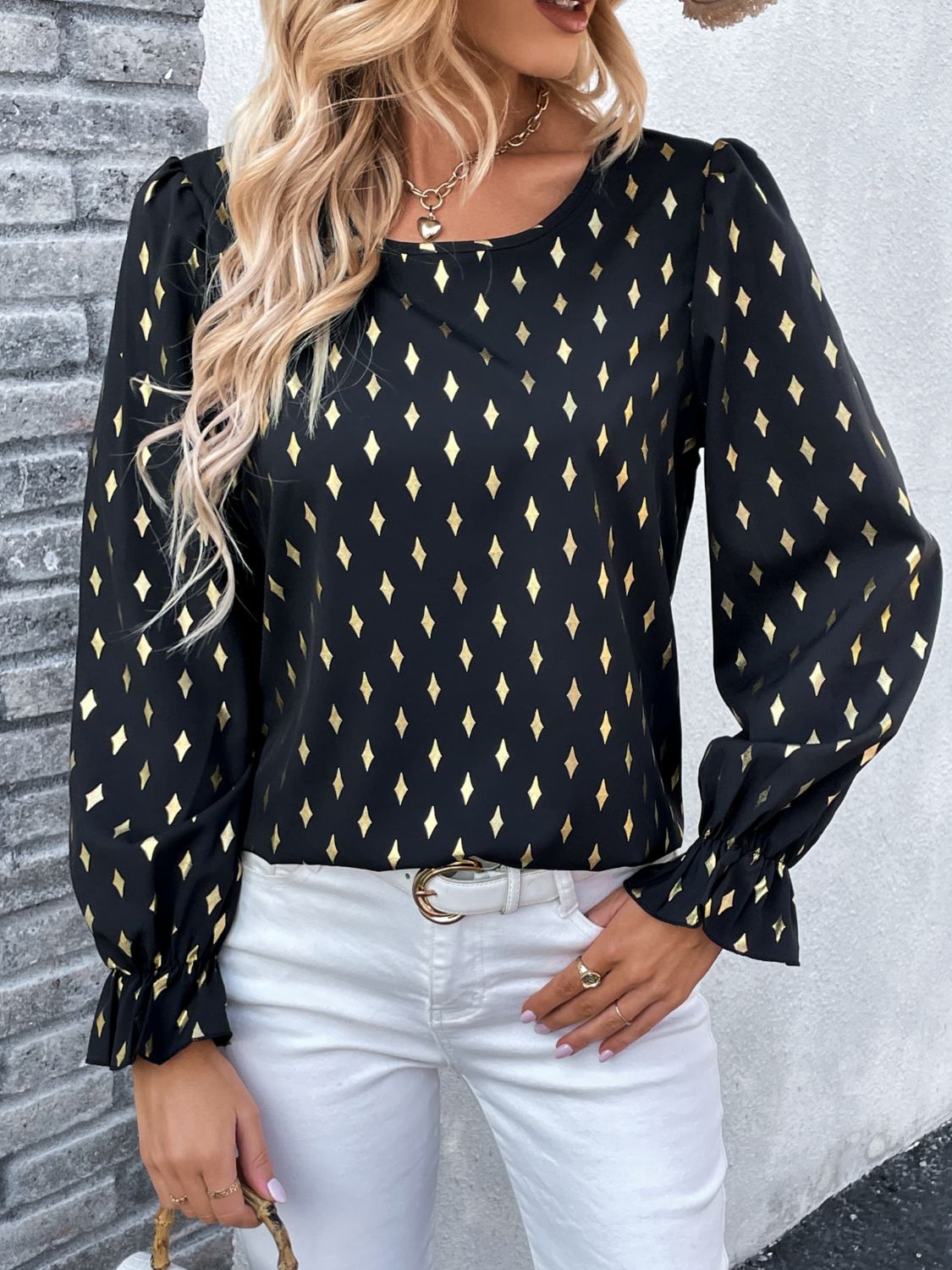 Double Take Printed Round Neck Flounce Sleeve Blouse