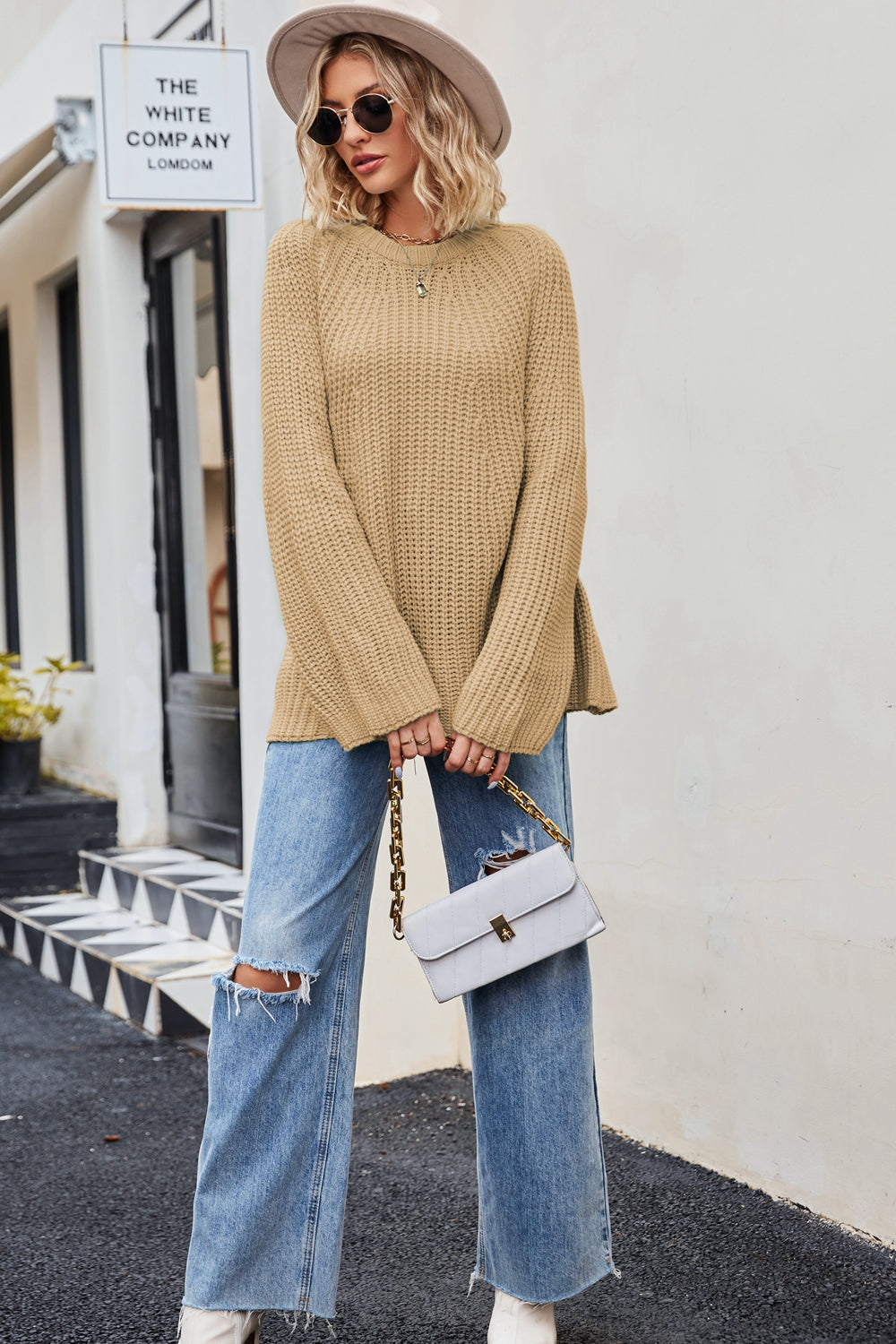 Raglan Sleeve Waffle Knit Sweater