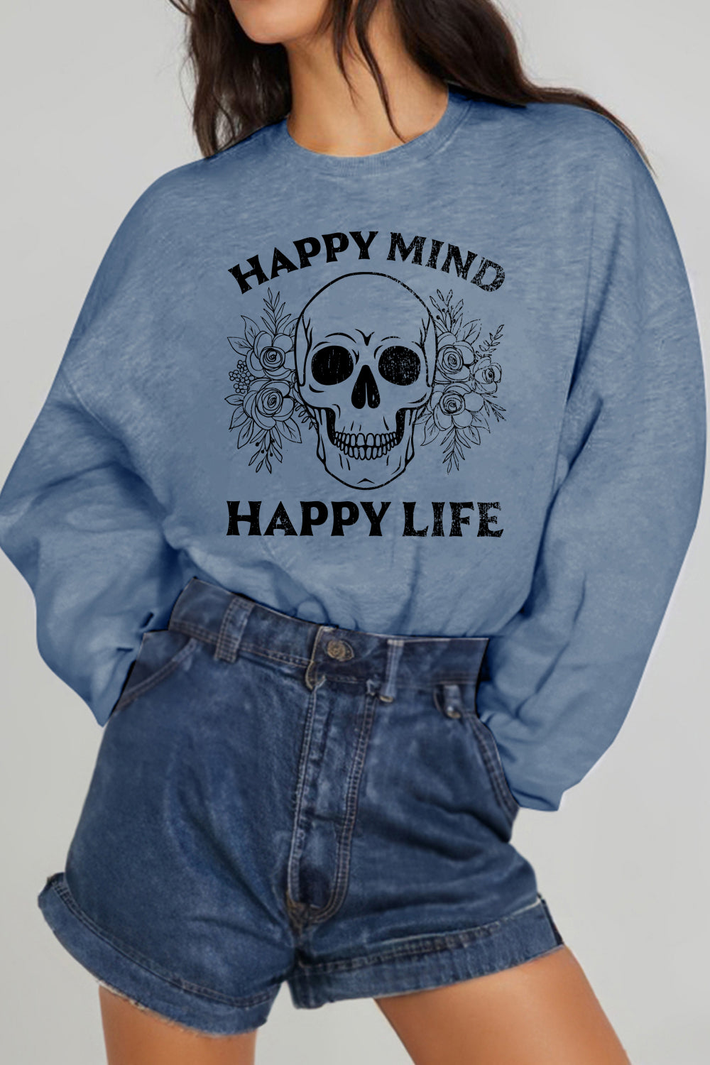 Simply Love Simply Love Full Size HAPPY MIND HAPPY LIFE SKULL Graphic Sweatshirt