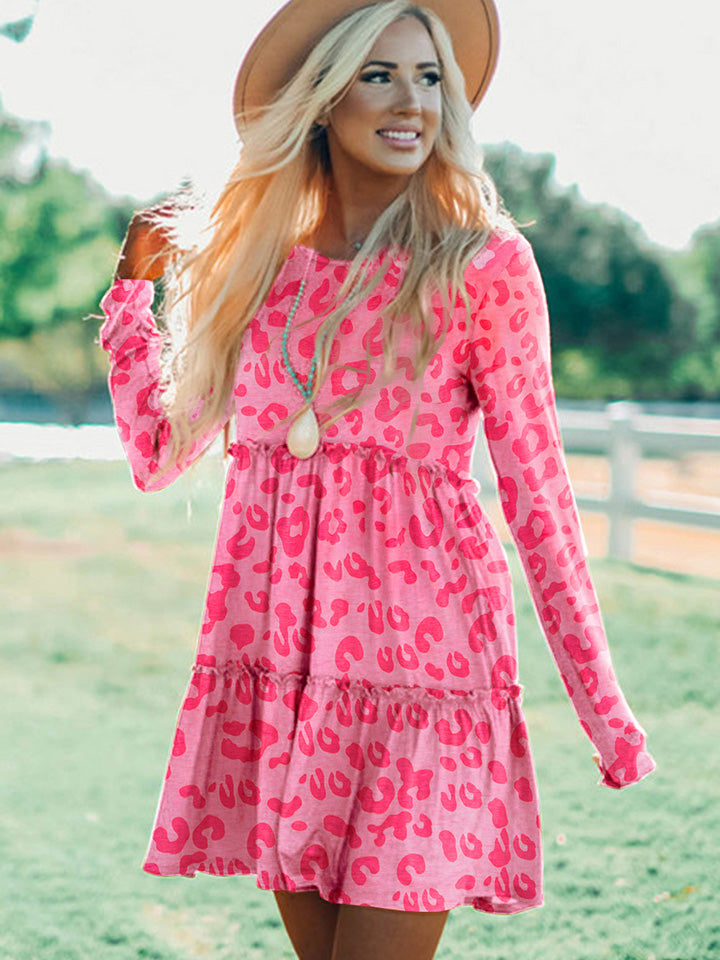 Printed Round Neck Long Sleeve Dress