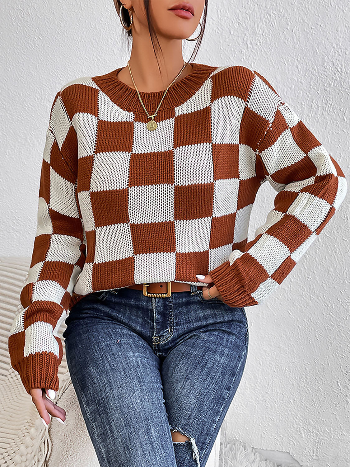 Checkered Round Neck Sweater