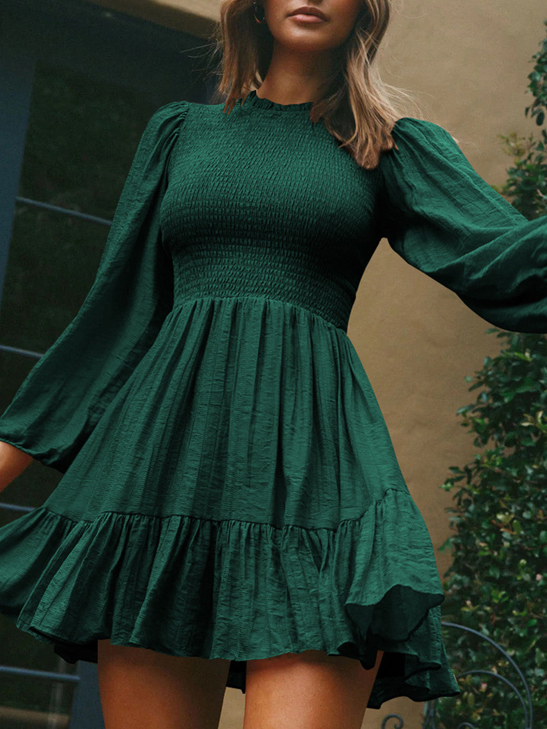 Round Neck Puff Sleeve Smocked Dress