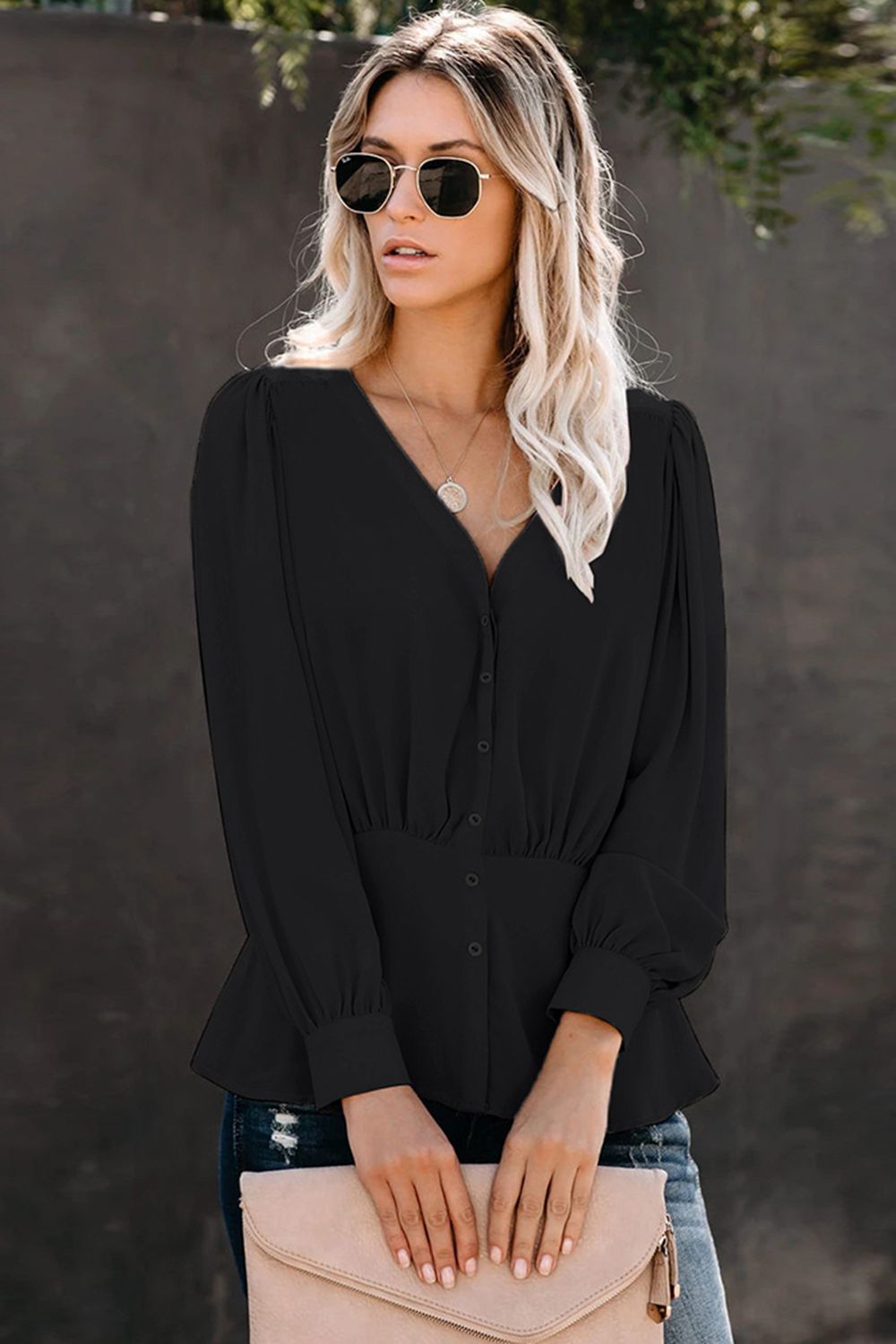 Buttoned Puff Sleeve Blouse