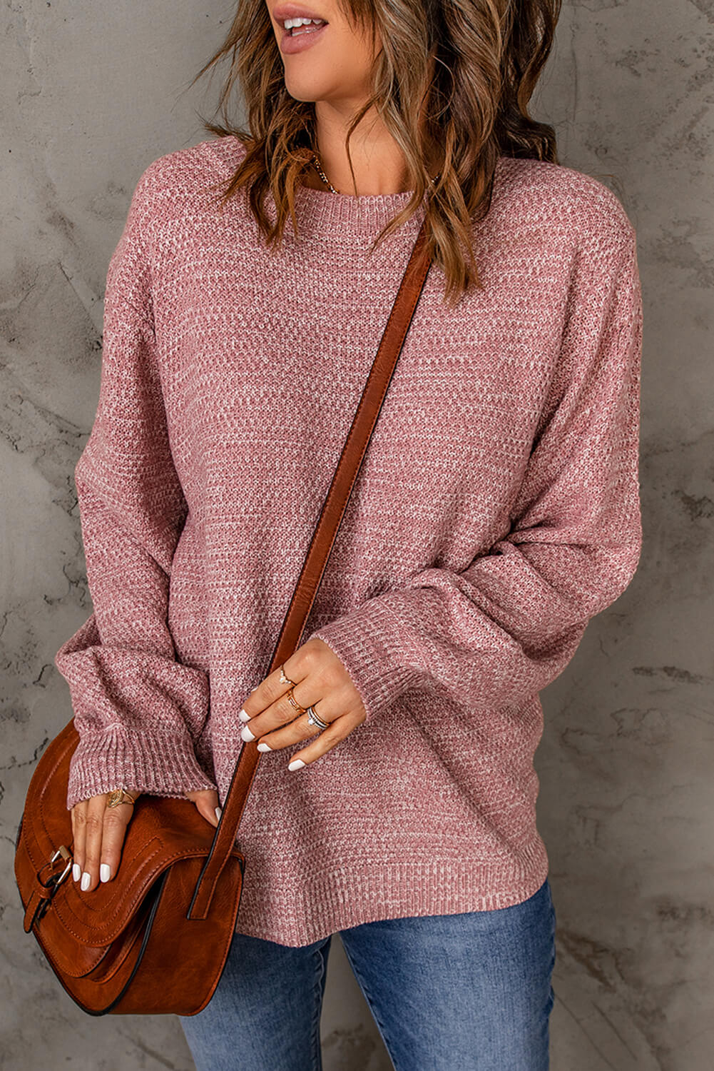 Double Take Heathered Dropped Shoulder Round Neck Sweater