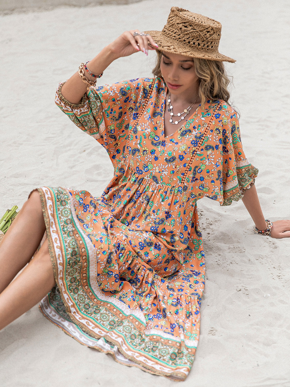 Printed V-Neck Short Sleeve Maxi Dress